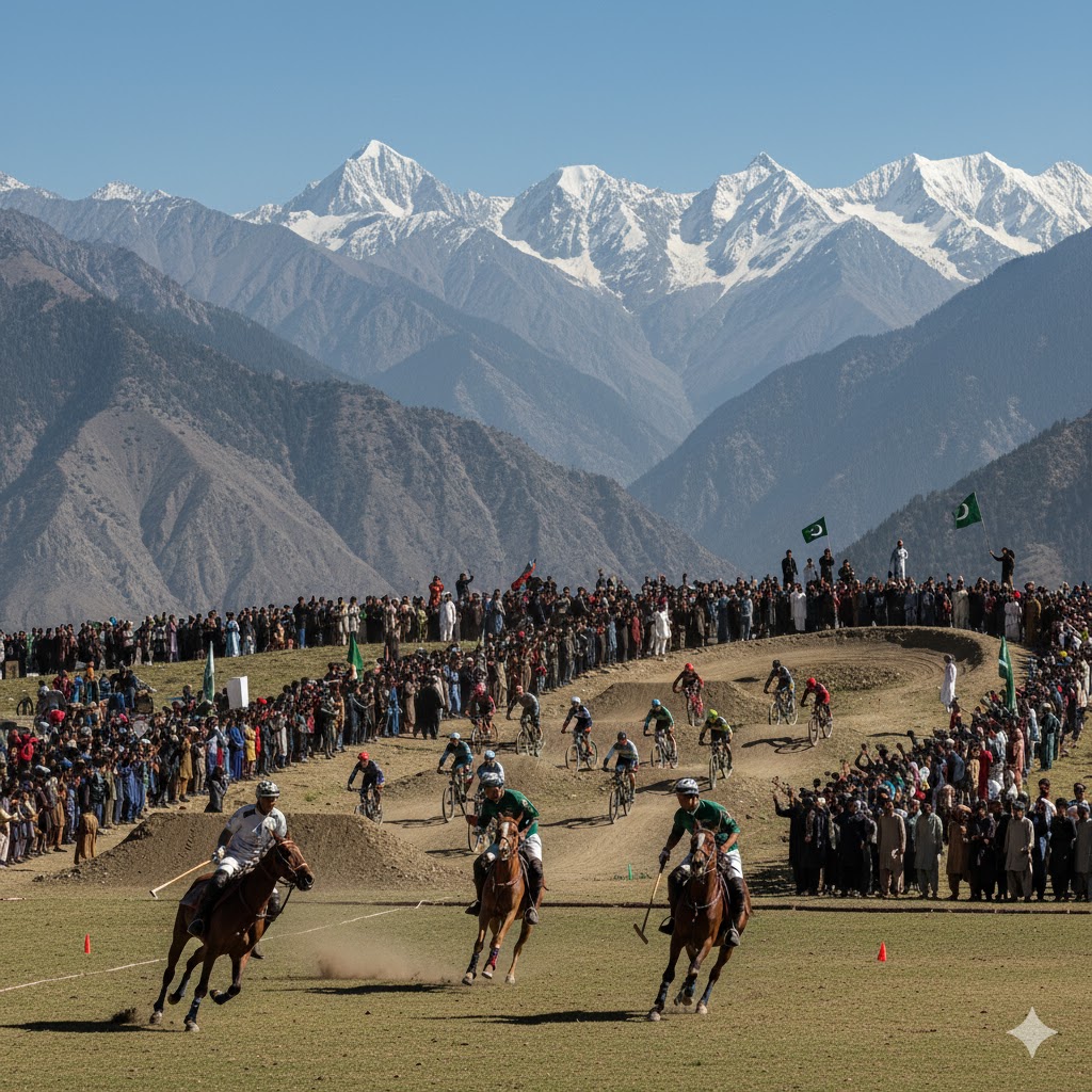Polo match and mountain bike race at Babusar Pass with snow-capped peaks and enthusiastic spectators