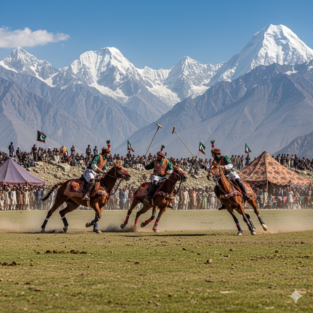 Polo players competing during Shandur Polo Festival at world’s highest polo ground