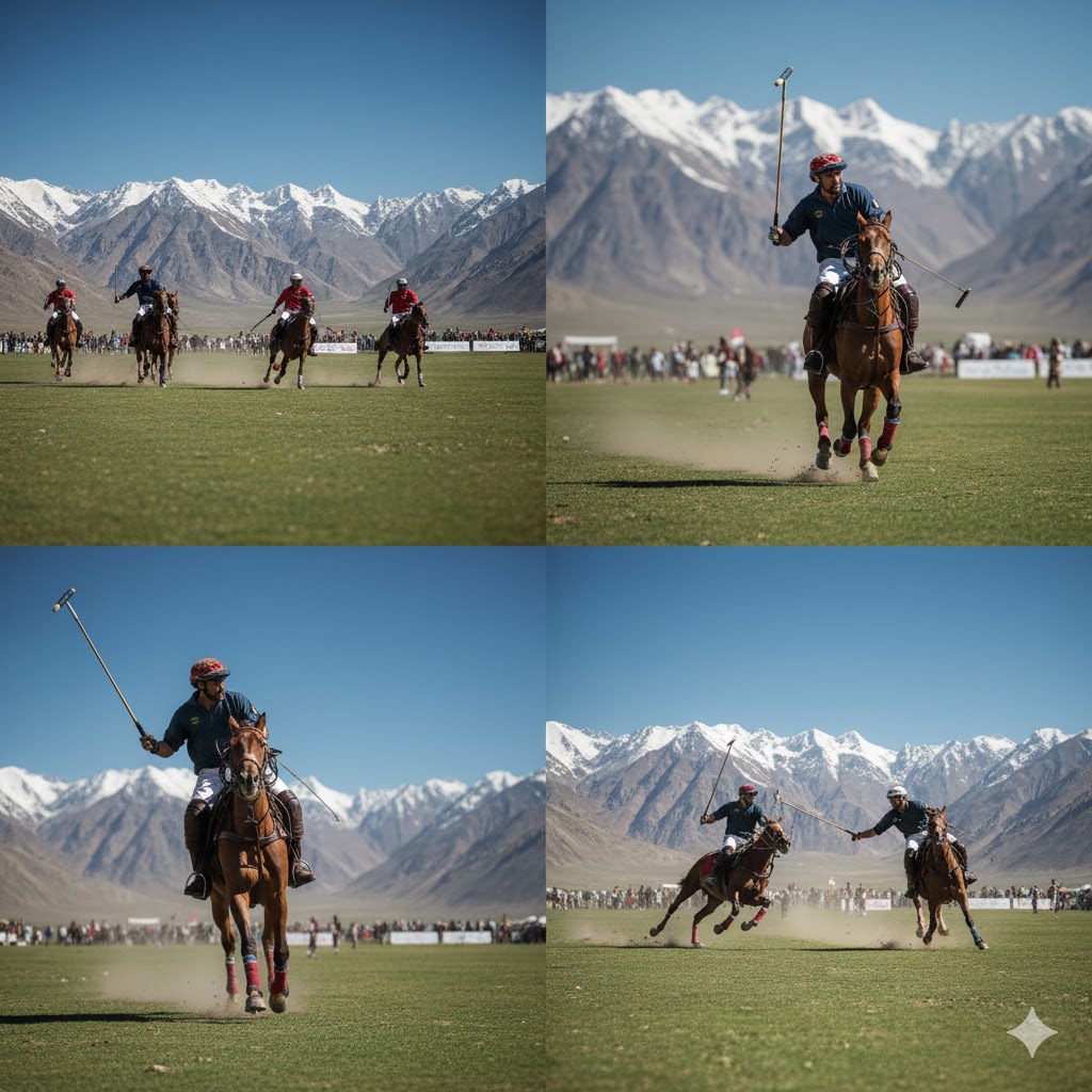 Polo players galloping on horses under blue skies at Shandur Pass during annual festival 2026