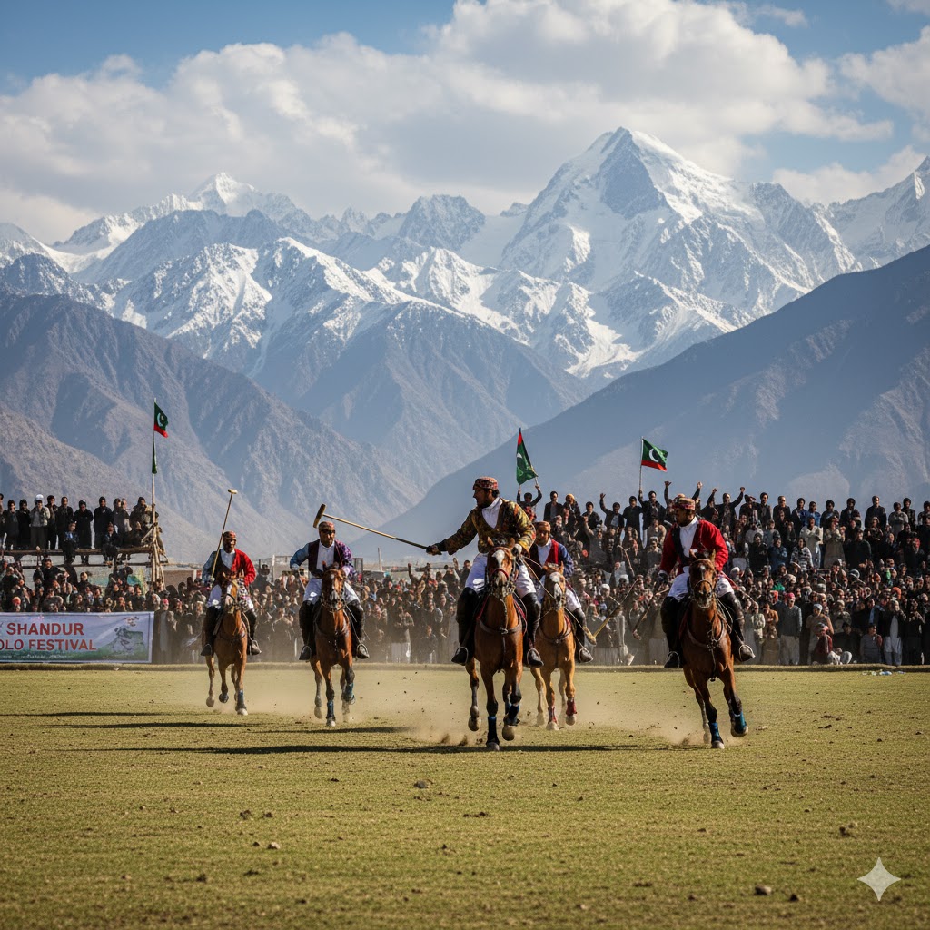 Polo players in action at Shandur Pass with crowd cheering, mountain peaks in background