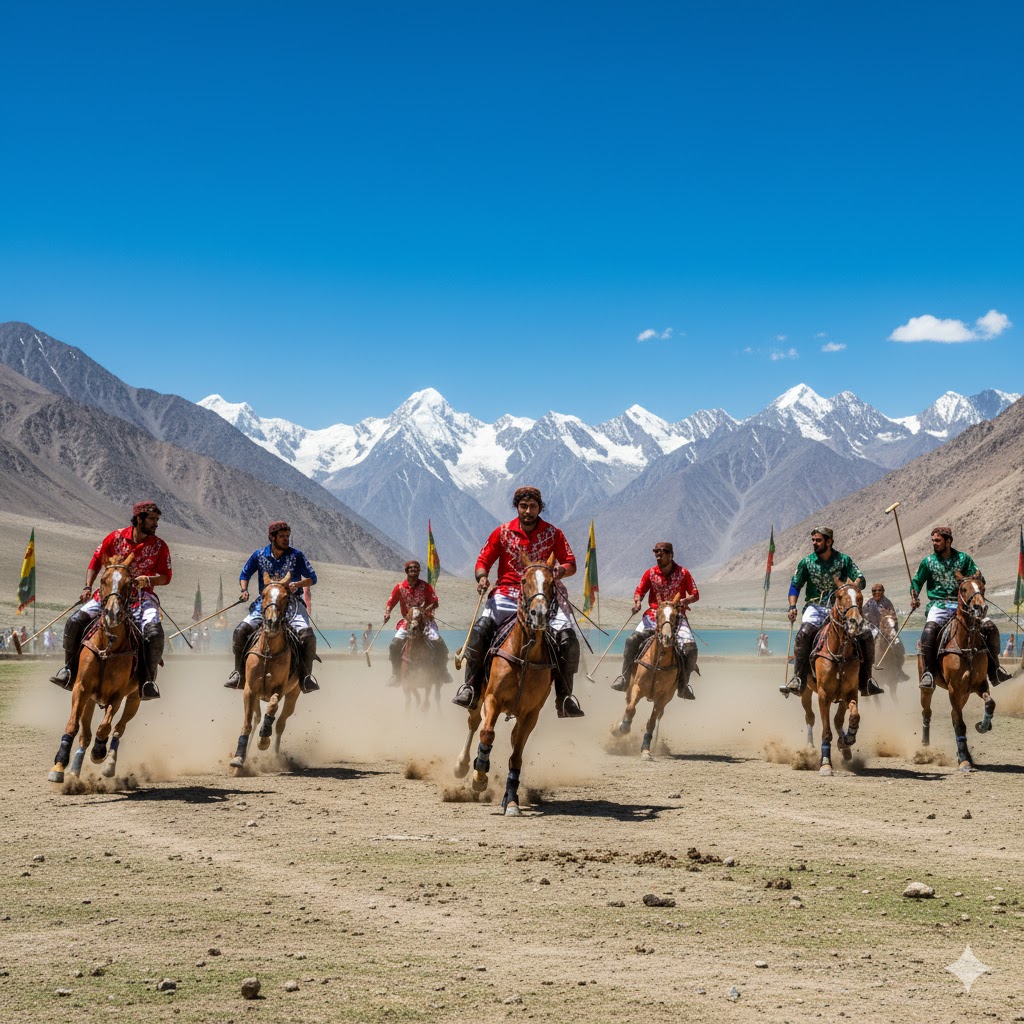 Polo players in colorful uniforms galloping at Shandur Pass under blue sky