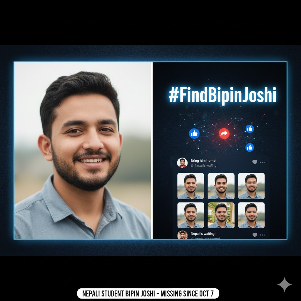 Portrait of missing Nepali student Bipin Joshi alongside the viral social media hashtag campaign #FindBipinJoshi