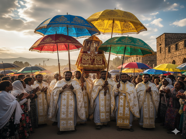 Ethiopian priests carrying the Tabot during Timkat Festival