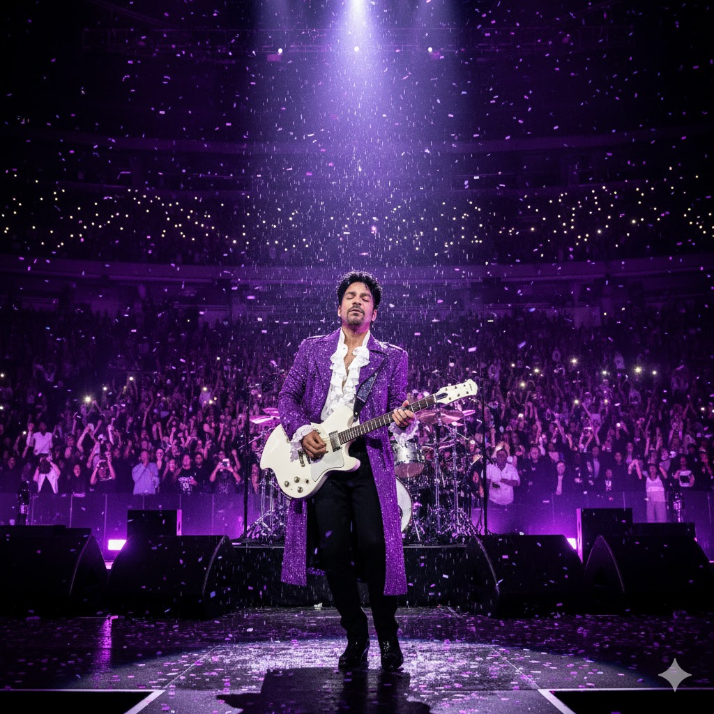 Prince performing Purple Rain under spotlight with purple lighting