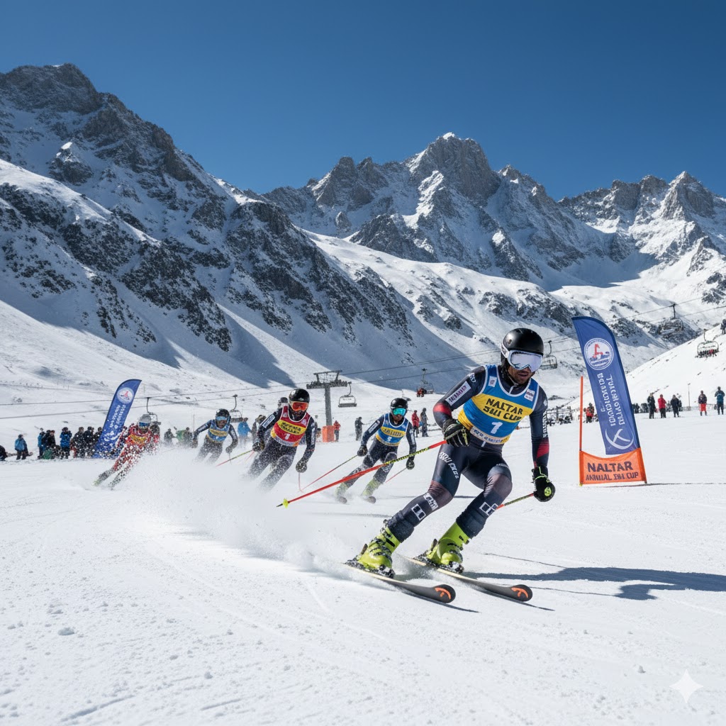 Professional skiers racing down snow-covered Naltar slopes during the annual Ski Cup