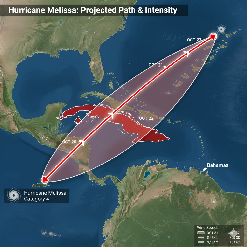 Projected path map of Hurricane Melissa tracking from Jamaica to Cuba and onward to The Bahamas. 