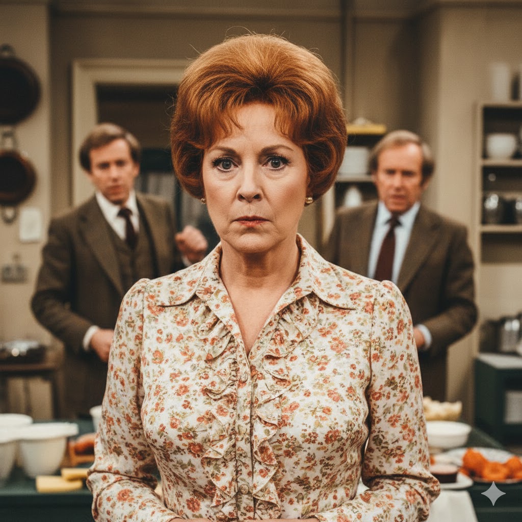  Prunella Scales as Sybil Fawlty in Fawlty Towers, delivering a sharp expression with iconic comic timing. 