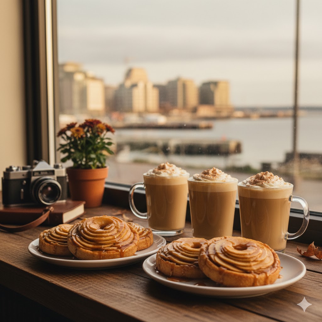  Pumpkin lattes and caramel apple tarts displayed in a Halifax café. 