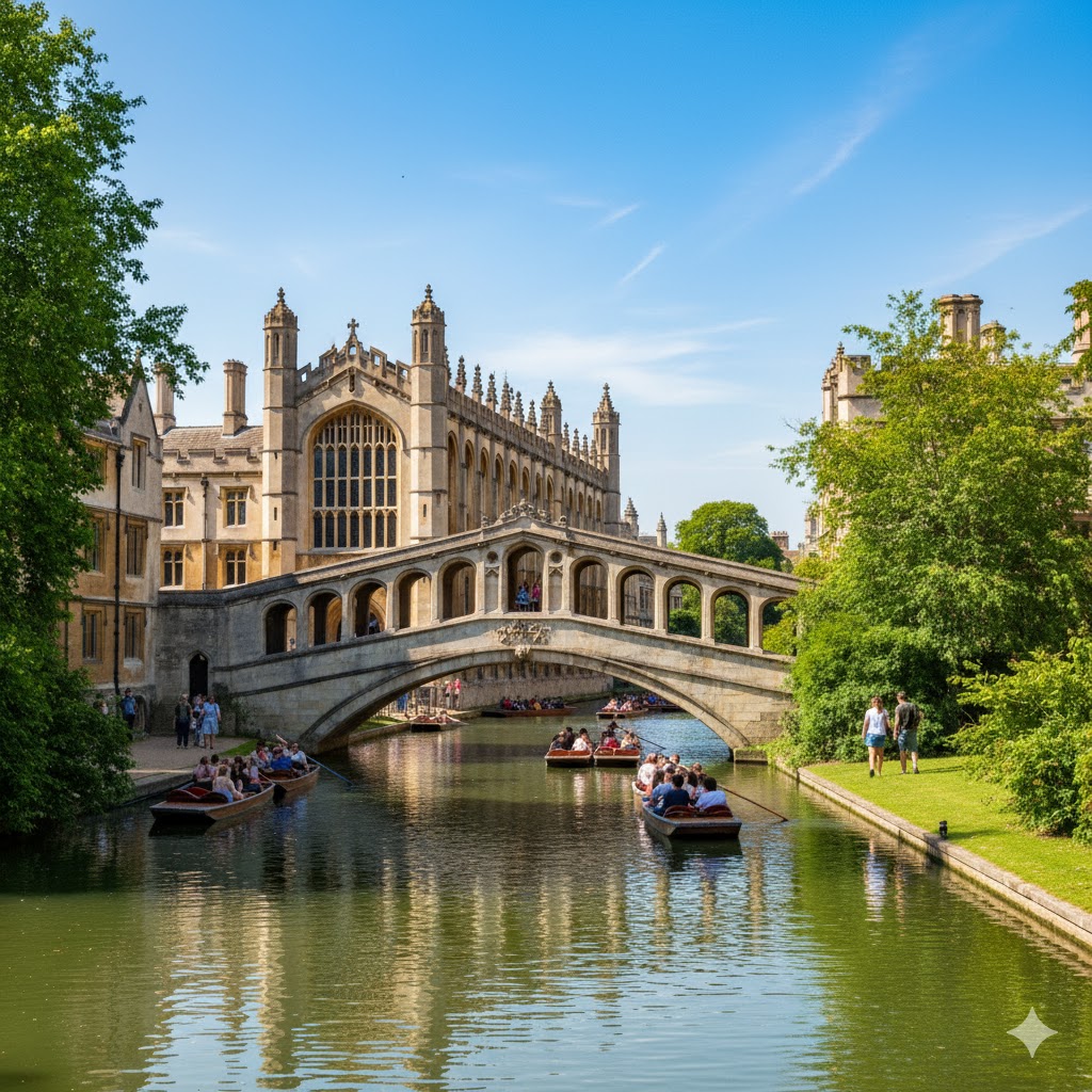 Punting boats floating under the Bridge of Sighs in Cambridge with college buildings behind.
