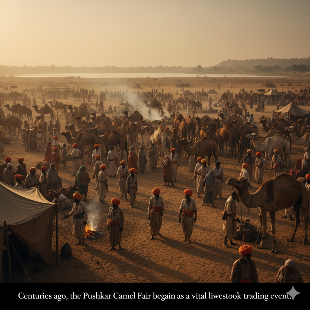 Pushkar Camel Fair - Rajasthan gathered to buy, sell, and trade camels, cattle, and horses