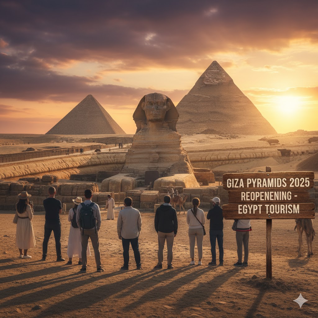 Pyramids at Giza sunset view Egypt 2025 reopening tourism