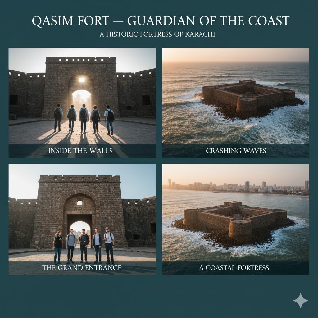 Qasim Fort near Clifton beach with waves crashing against the rocky shore
