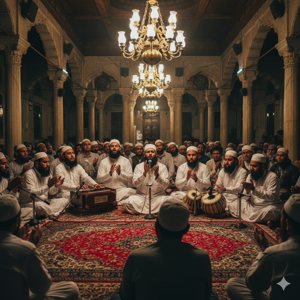 Qawwali group performing at Data Darbar Lahore during a spiritual gathering with audience clapping in rhythm. Qawwali group performing at Data Darbar Lahore during a spiritual gathering with audience clapping in rhythm.