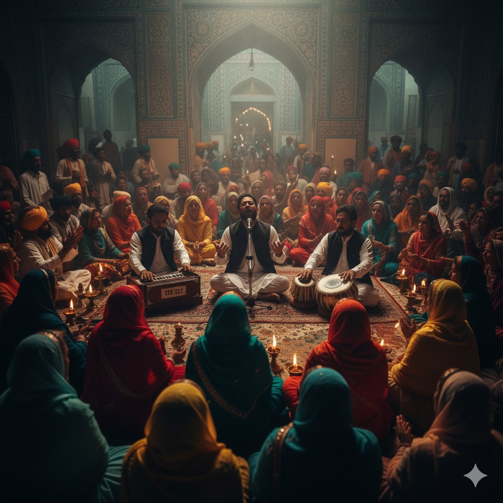 Qawwali musicians performing during Urs celebration surrounded by colorful devotees