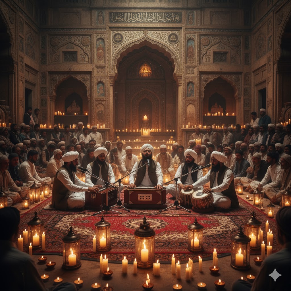 Qawwali performers singing passionately in shrine courtyard surrounded by candles and devotees Qawwali performers singing passionately in shrine courtyard surrounded by candles and devotees