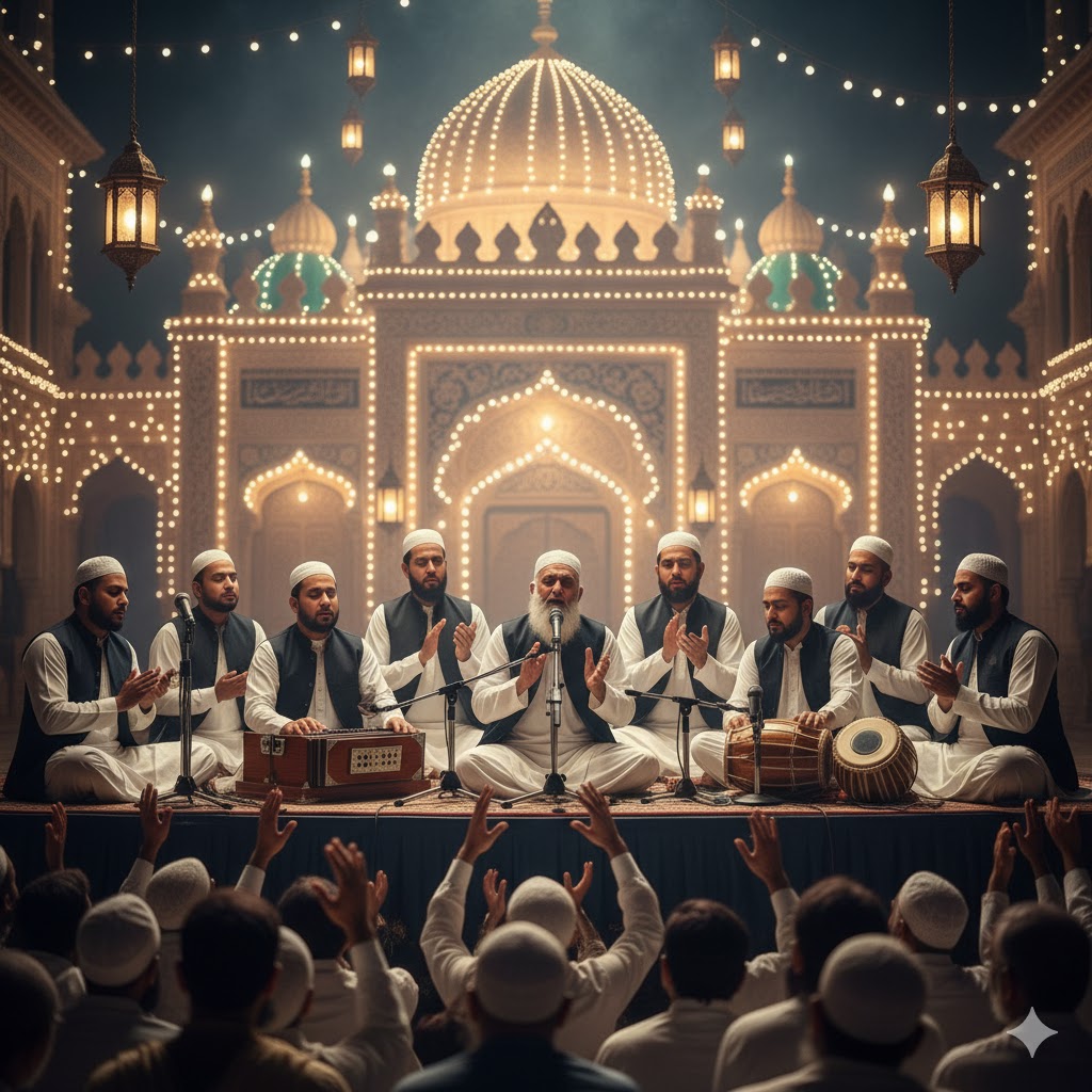 Qawwals performing on stage with illuminated shrine background during evening session.