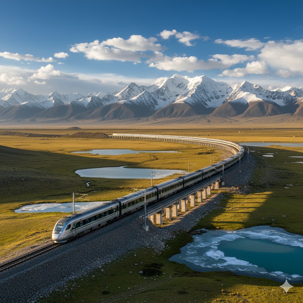 Qinghai–Tibet Railway snaking across a high plateau with snow-capped peaks in the distance. Qinghai–Tibet Railway snaking across a high plateau with snow-capped peaks in the distance.