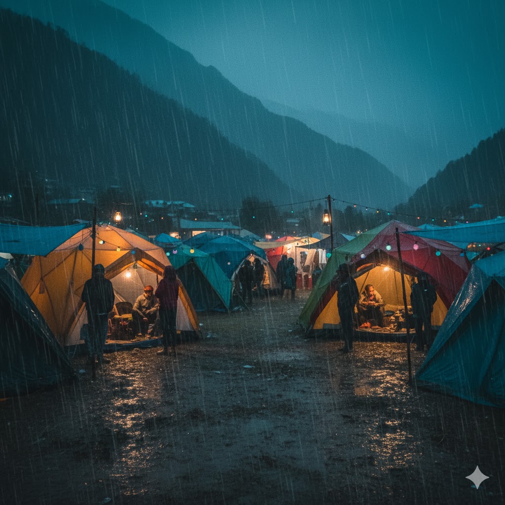 Rain-covered tents at Kasol during festival evening highlighting weather unpredictability