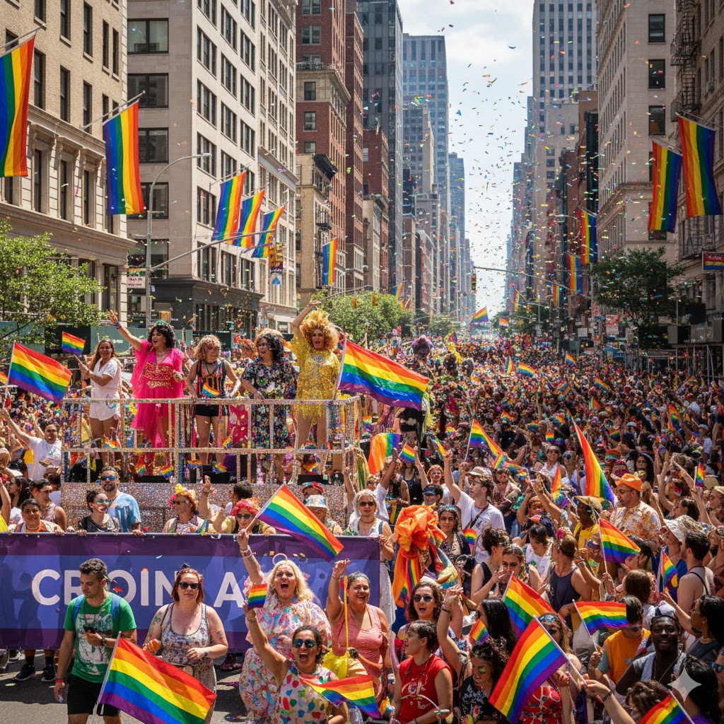 Rainbow flags and crowd cheering during Pride Parade in New York City