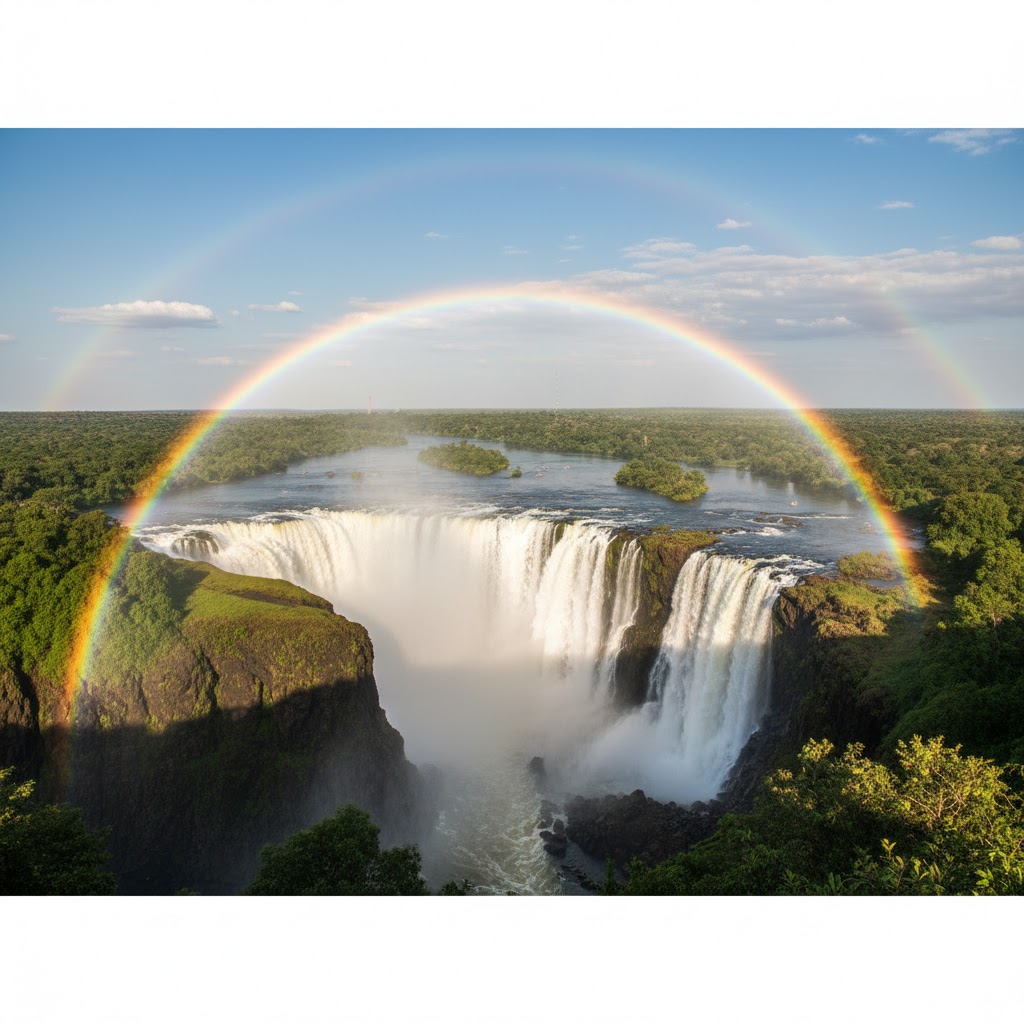 Rainbow forming over Victoria Falls cascading into Zambezi River, Zambia.