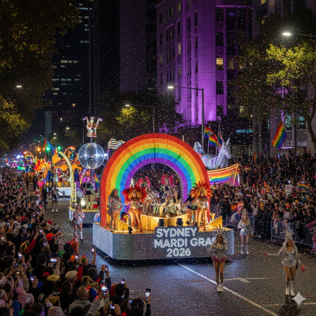 Rainbow parade floats and performers at Sydney Mardi Gras 2026 night celebration