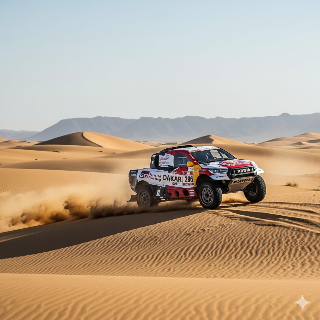 Rally car racing across desert dunes during Dakar Rally 2026 Saudi Arabia.