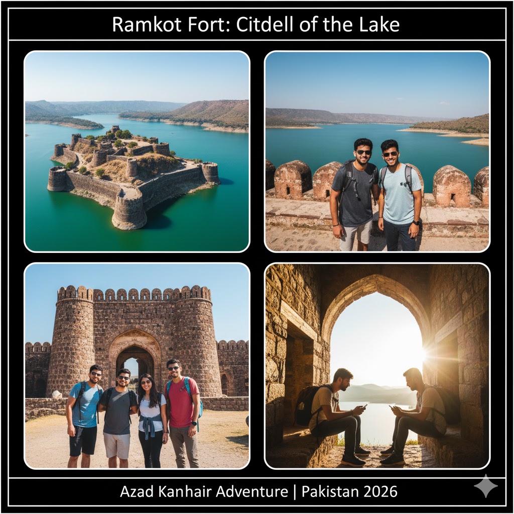 Ramkot Fort standing majestically over turquoise Mangla Lake waters