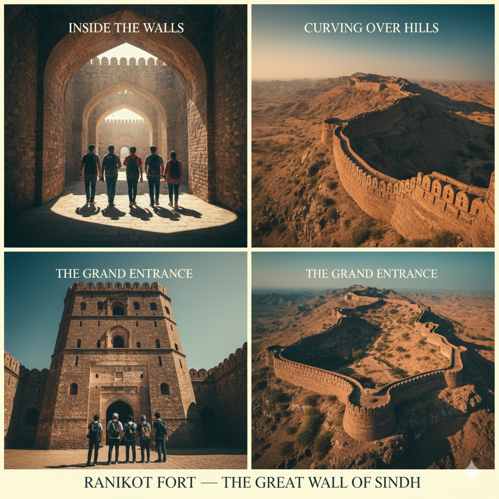 Ranikot Fort walls curving over rocky Sindh hills, known as the Great Wall of Sindh