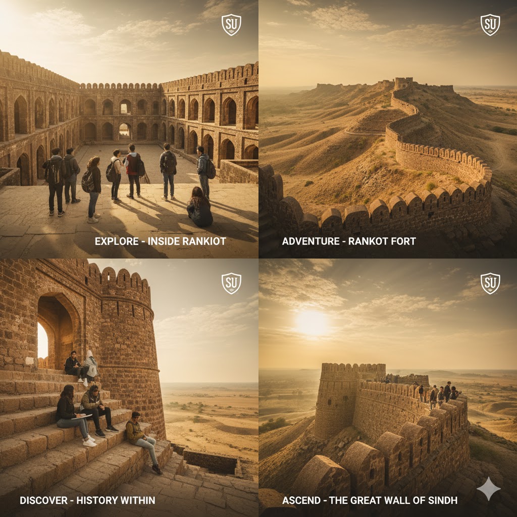Ranikot Fort winding across the dry hills of Sindh under golden morning light