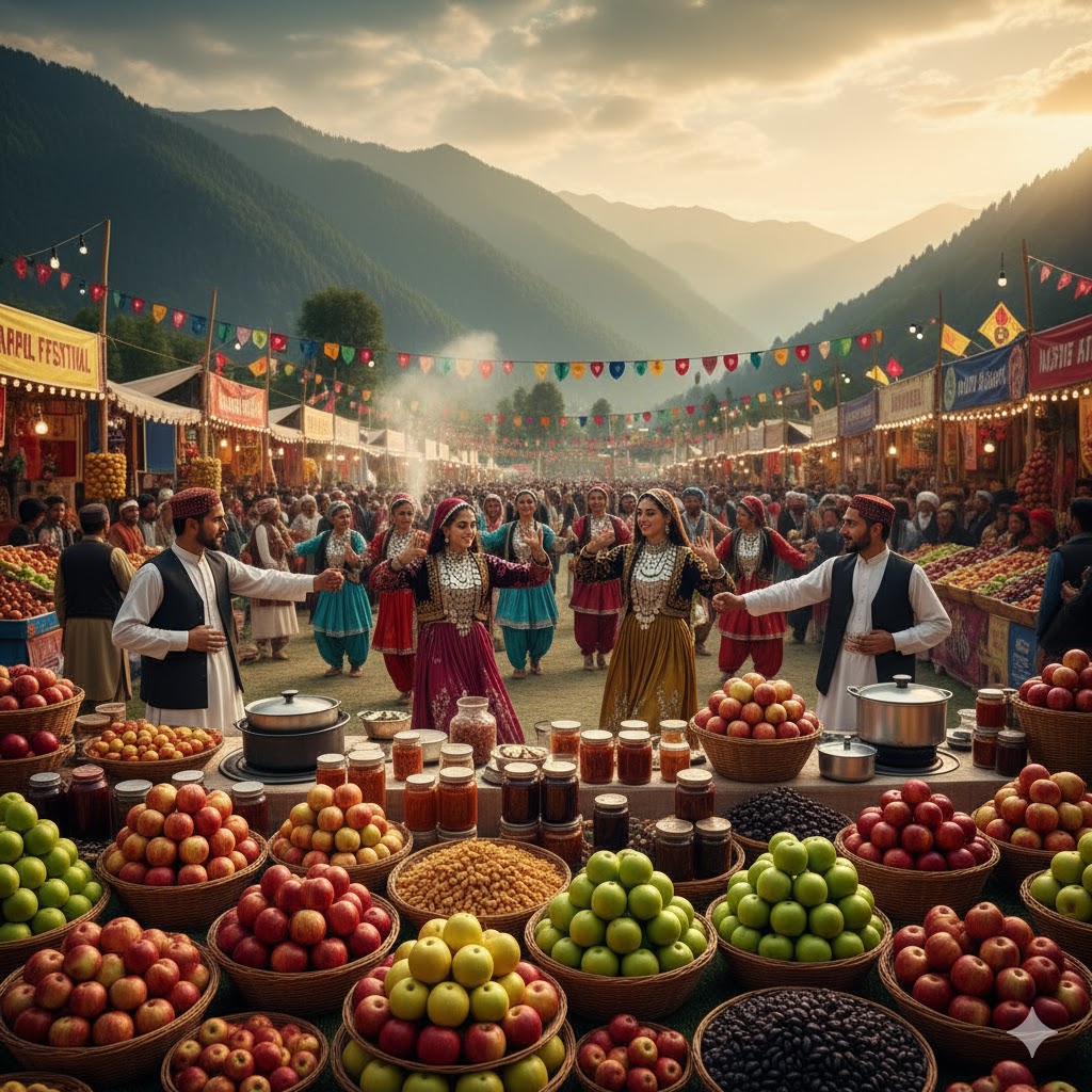 Rawalakot Apple Festival with colorful fruit stalls, local chefs, and traditional Kashmiri dance performances