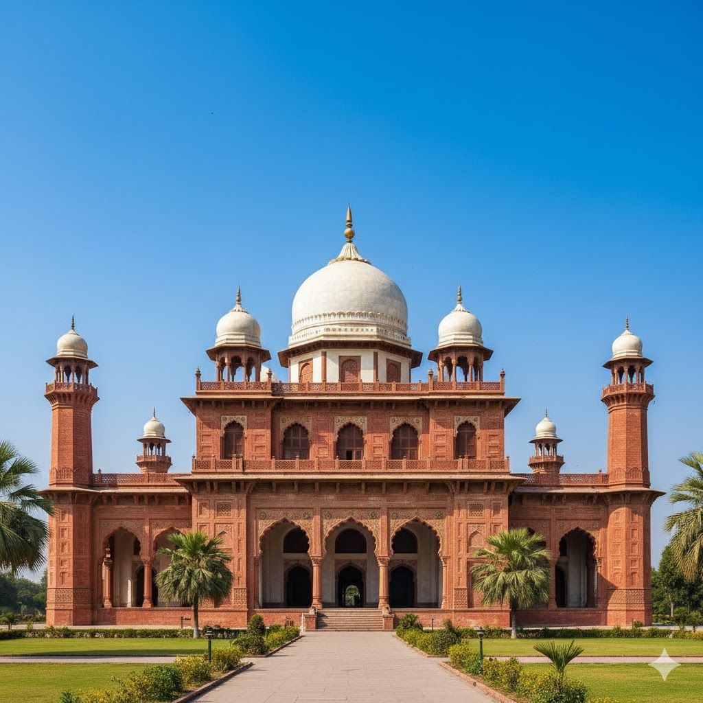 Red-brick façade of Darbar Mahal under blue skies, showcasing Mughal arches and domes, Bahawalpur. Red-brick façade of Darbar Mahal under blue skies, showcasing Mughal arches and domes, Bahawalpur.