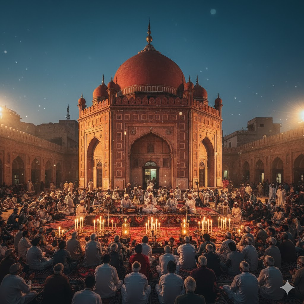 Red-domed shrine of Shams Tabrez surrounded by pilgrims during evening qawwali in Multan Red-domed shrine of Shams Tabrez surrounded by pilgrims during evening qawwali in Multan
