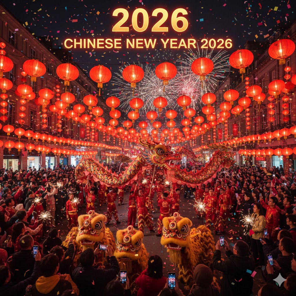 Red lanterns and dragon dancers celebrating Chinese New Year 2026