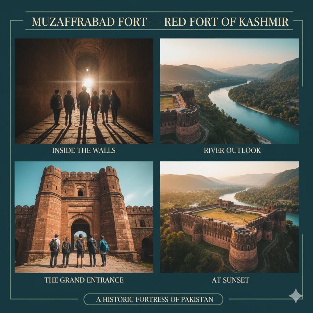 Red sandstone walls of Muzaffarabad Fort against the backdrop of Neelum River