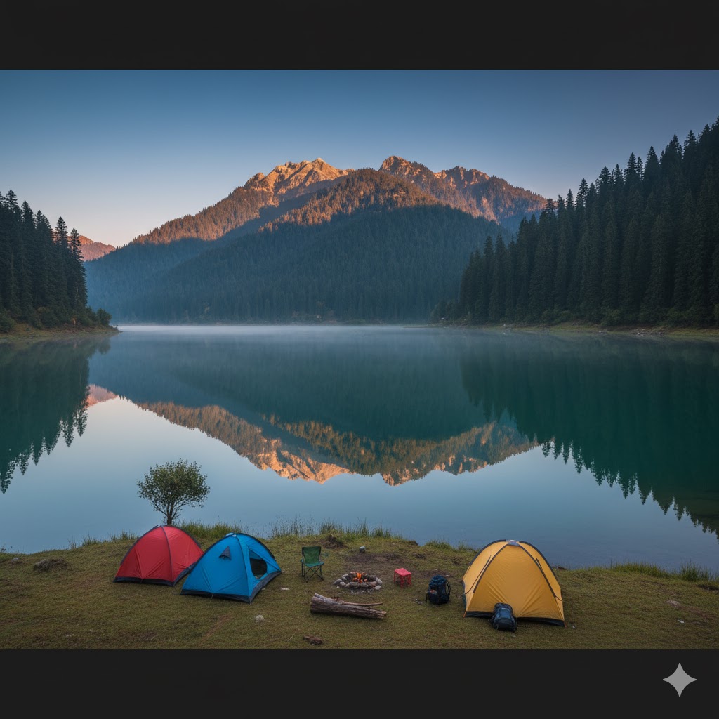 Reflection of pine hills in still water of Phander Lake with nearby campsite
