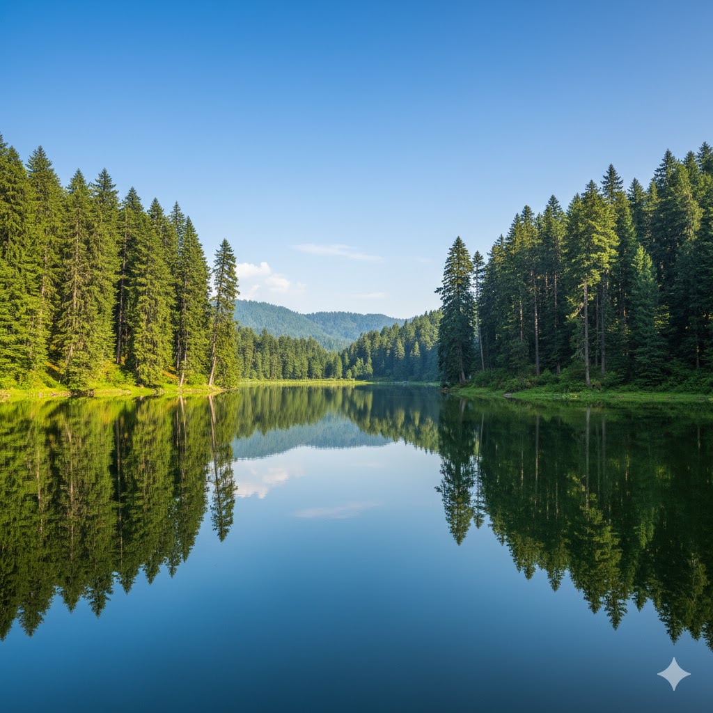 Reflection of pine trees over still waters of Banjosa Lake on a clear summer day