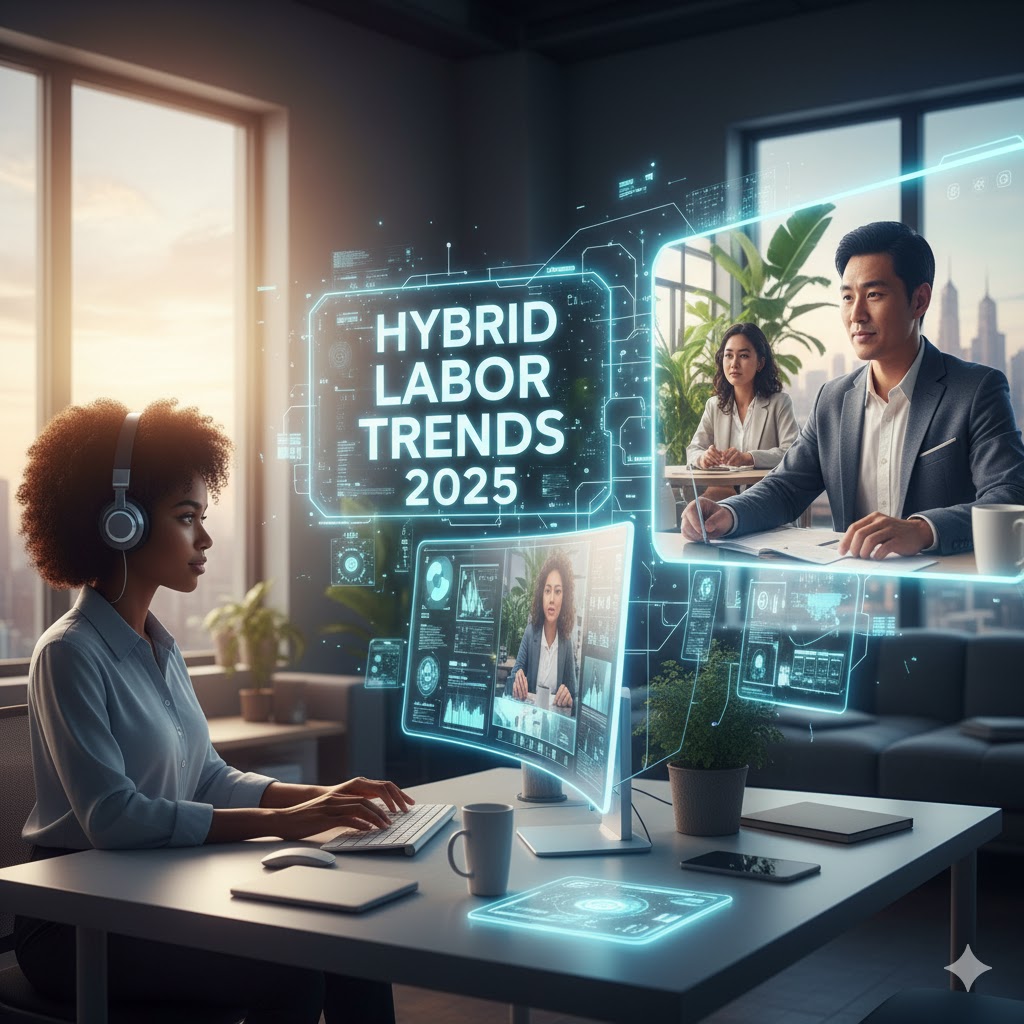 Remote workers collaborating online representing hybrid labor trends 2025