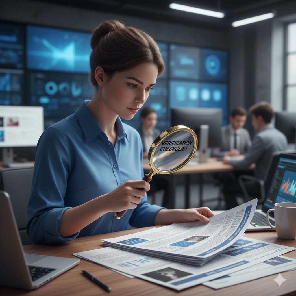 Reporter reviewing documents with magnifying glass labeled “verification checklist. Reporter reviewing documents with magnifying glass labeled “verification checklist.