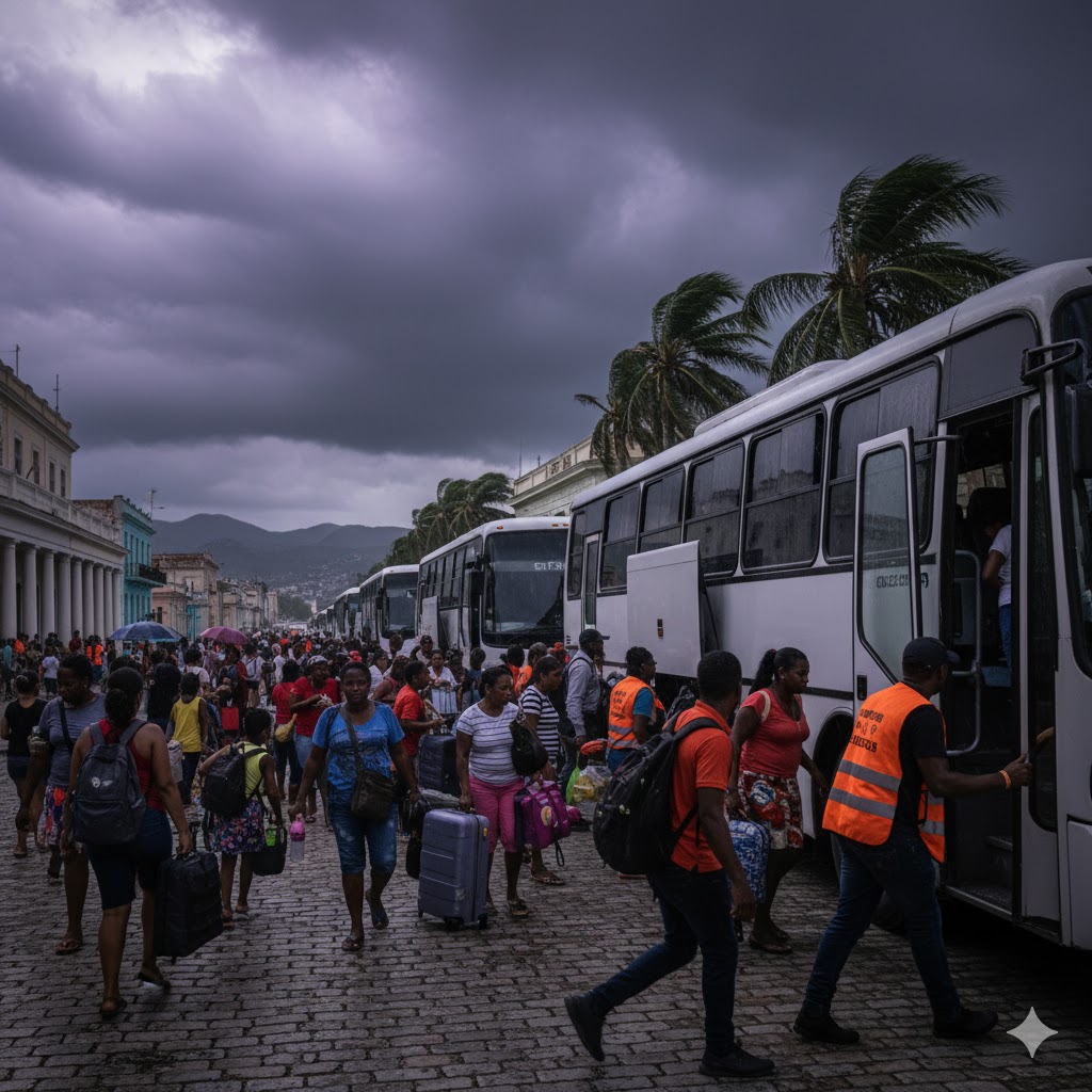Residents boarding evacuation buses in Santiago de Cuba as Hurricane Melissa approaches. 