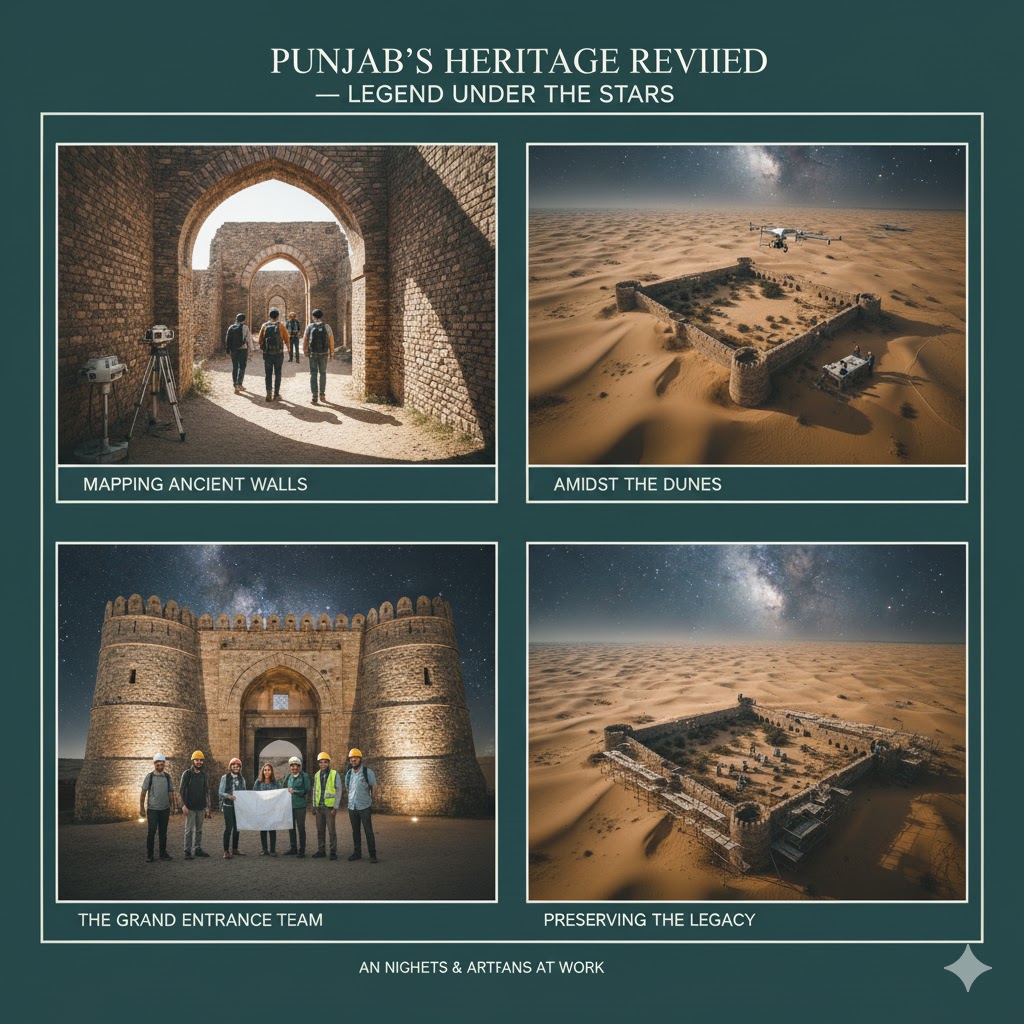 Restoration workers and architects mapping ancient fort walls in Punjab