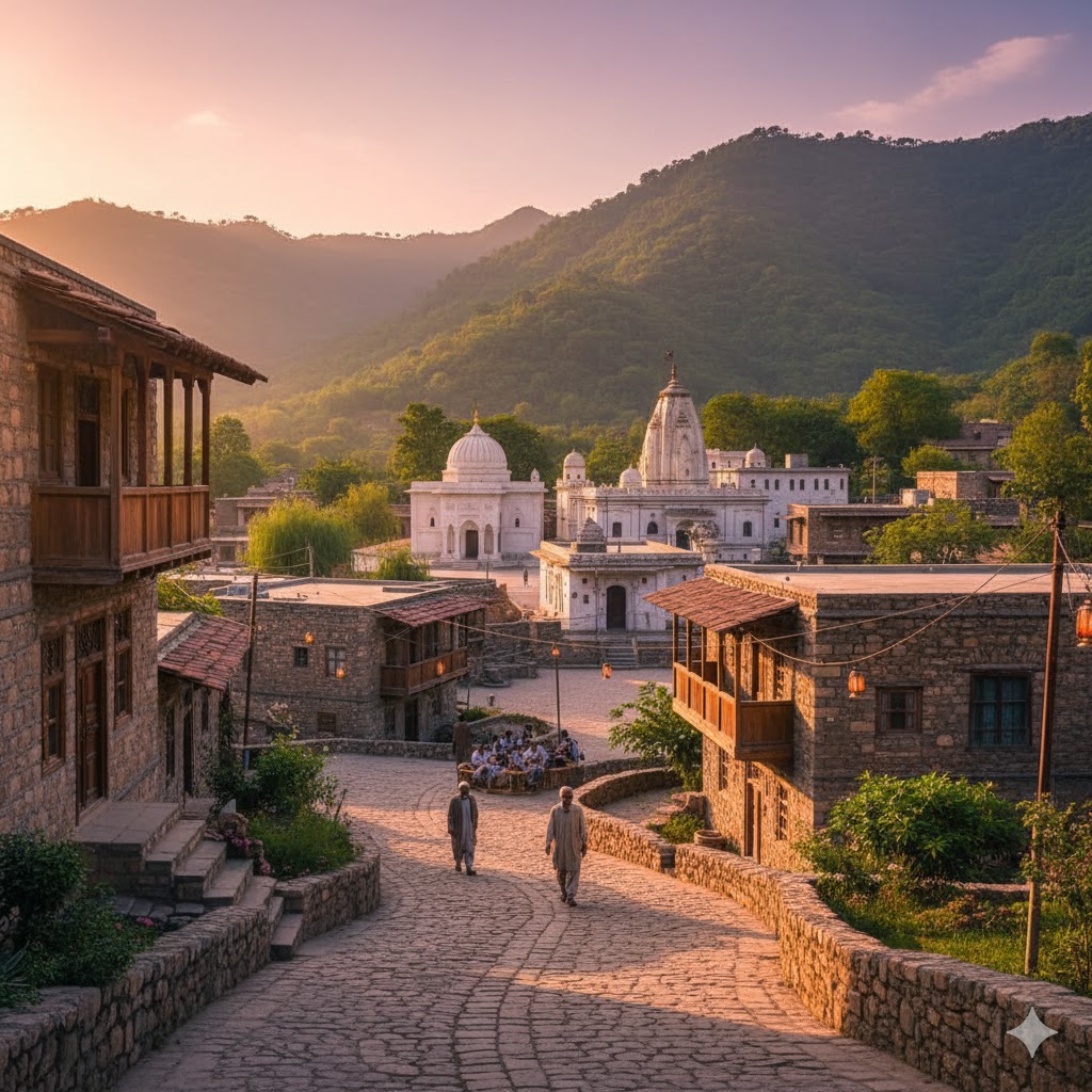 Restored Saidpur Village with stone houses and temples against Margalla Hills during golden hour