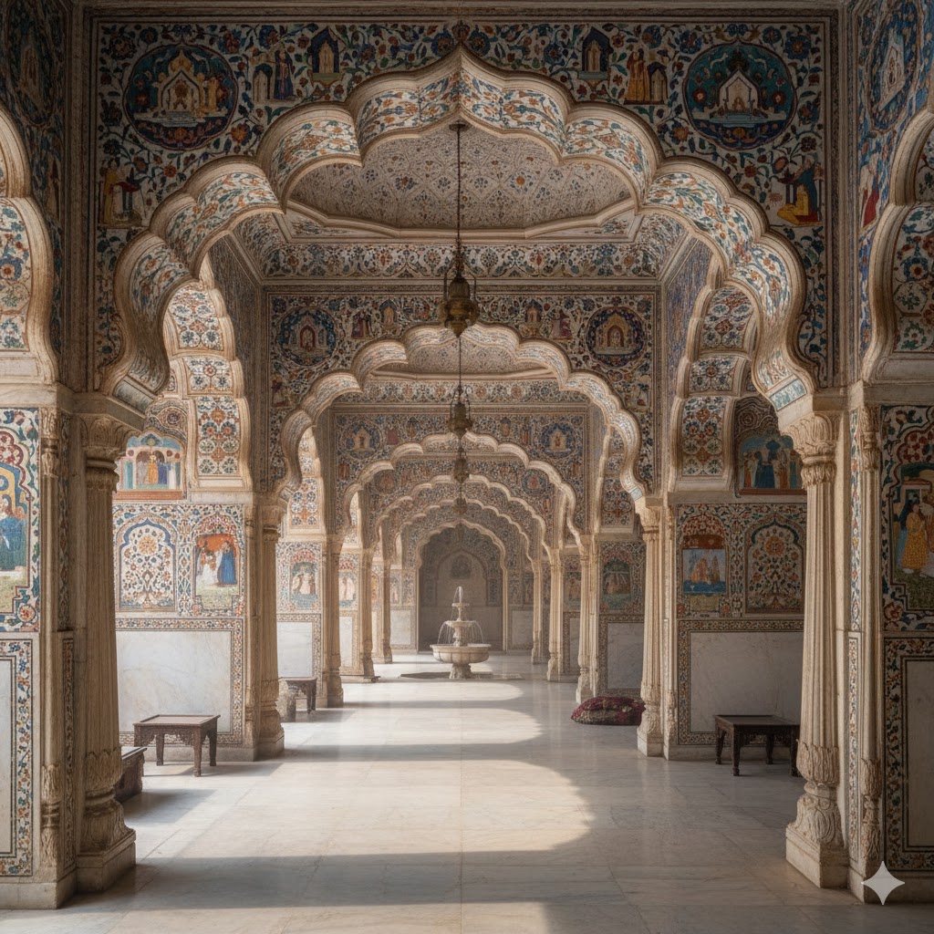 Restored Shahi Hammam corridor with Mughal frescoes and arches