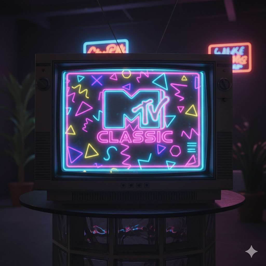 Retro TV screen showing MTV Classic logo with 80s neon background