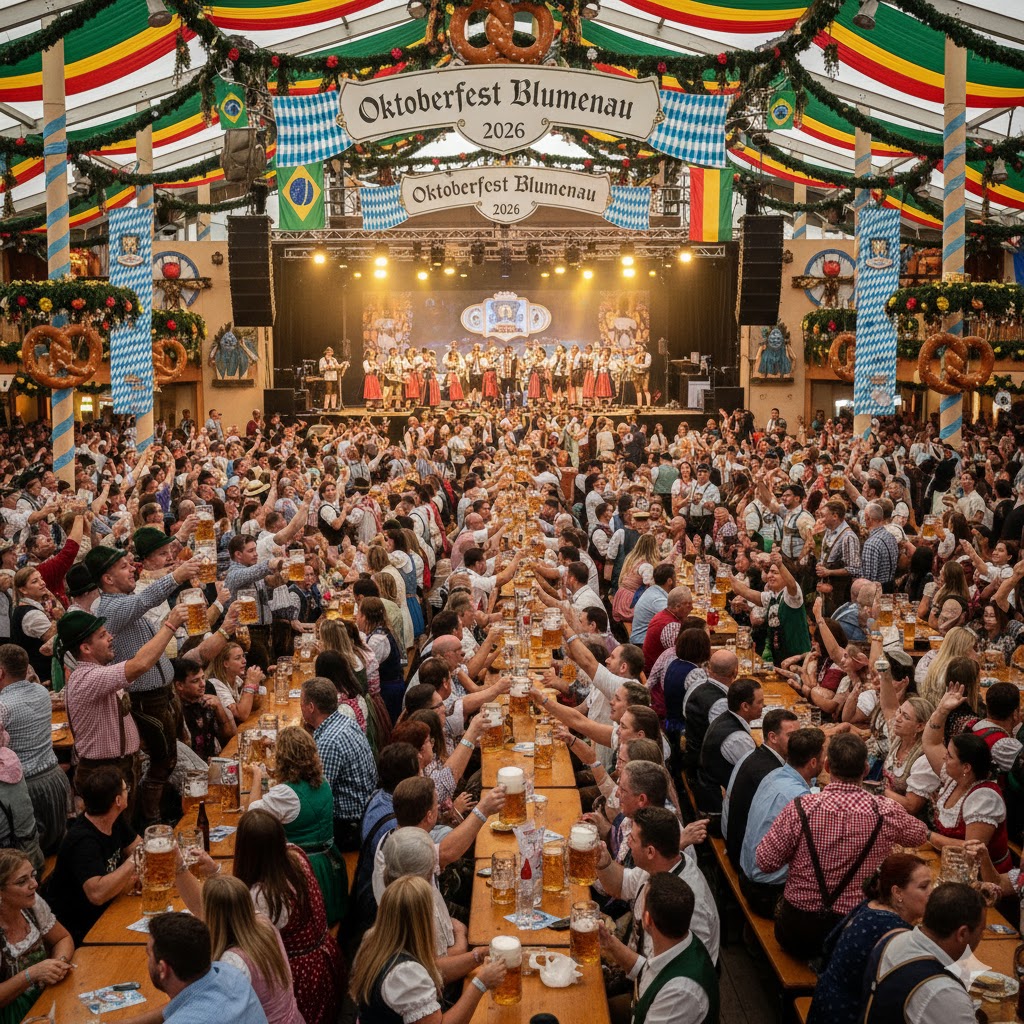 Revelers enjoying Oktoberfest Blumenau 2026 in Brazil