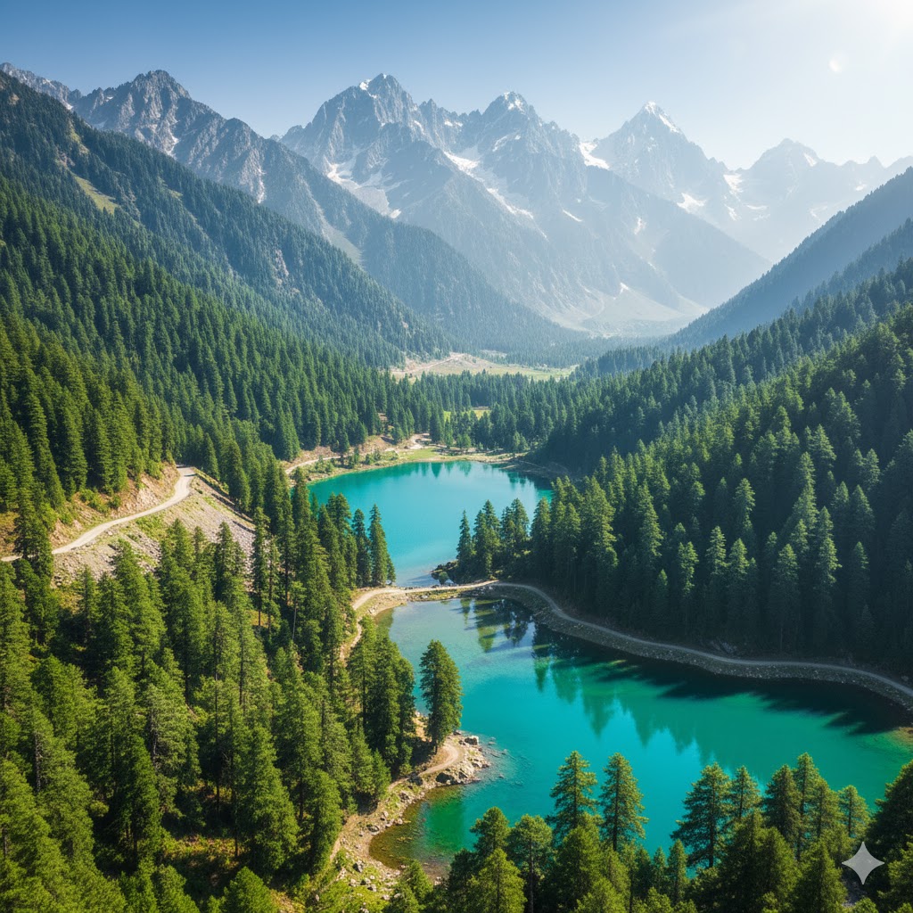Road from Karimabad to Naltar Lakes with pine forests, turquoise lakes, and distant mountain peaks.