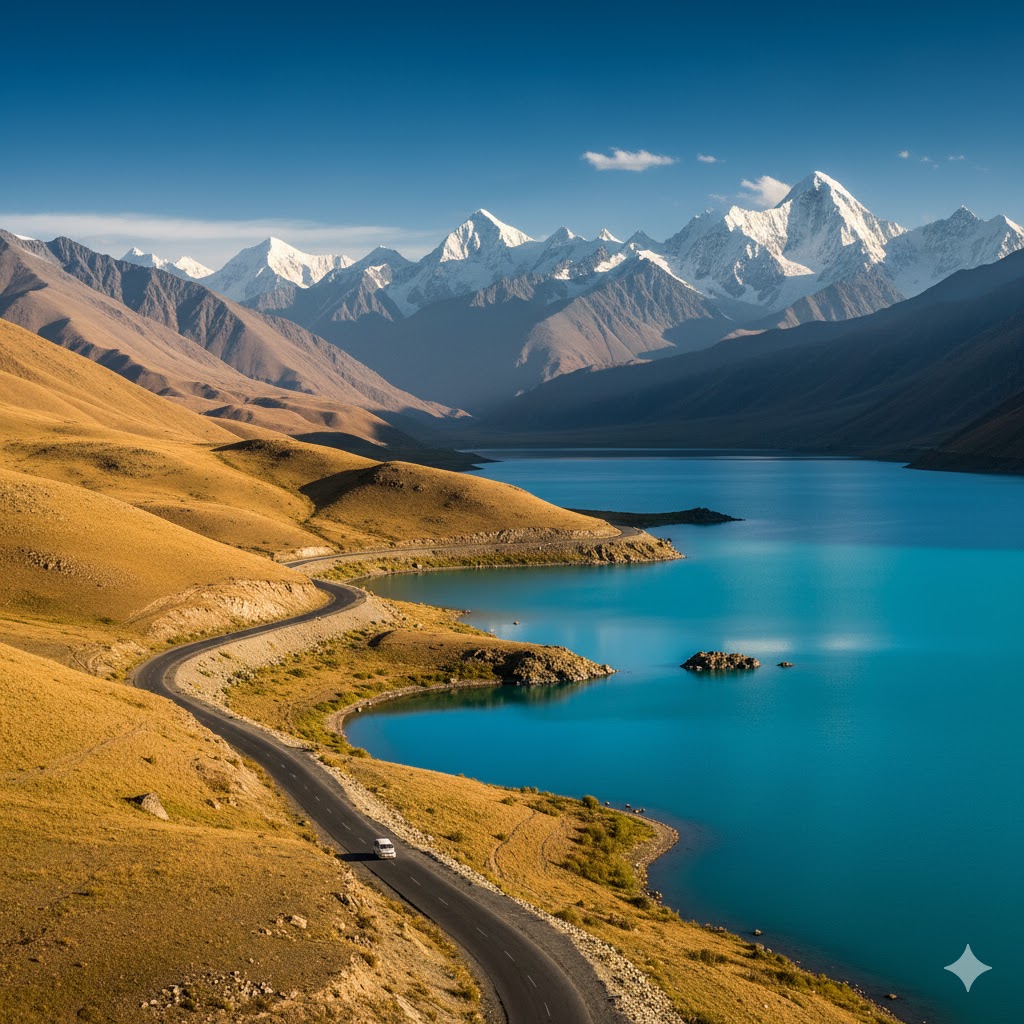 Road from Skardu to Shigar via Satpara Lake, showing turquoise waters, surrounding hills, and distant mountains Road from Skardu to Shigar via Satpara Lake, showing turquoise waters, surrounding hills, and distant mountains
