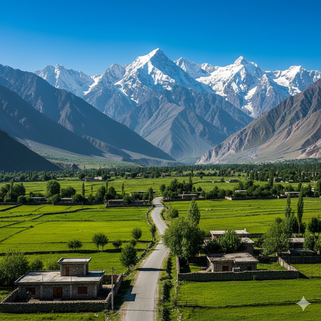 Road leading to Khaplu Valley with lush green meadows, snow-capped mountains, and a clear blue sky. Road leading to Khaplu Valley with lush green meadows, snow-capped mountains, and a clear blue sky.