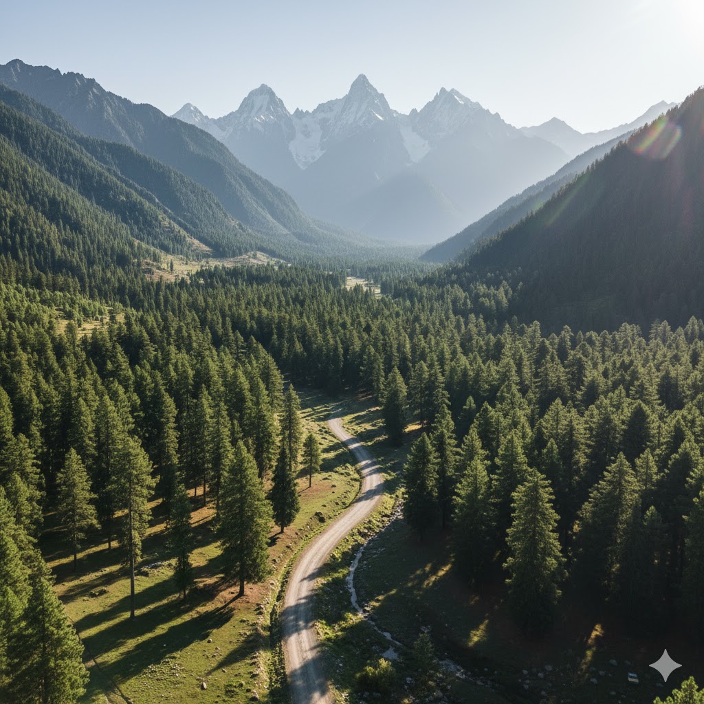 Road through Naltar Valley surrounded by lush pine forests and distant snow-covered peaks with clear skies Road through Naltar Valley surrounded by lush pine forests and distant snow-covered peaks with clear skies