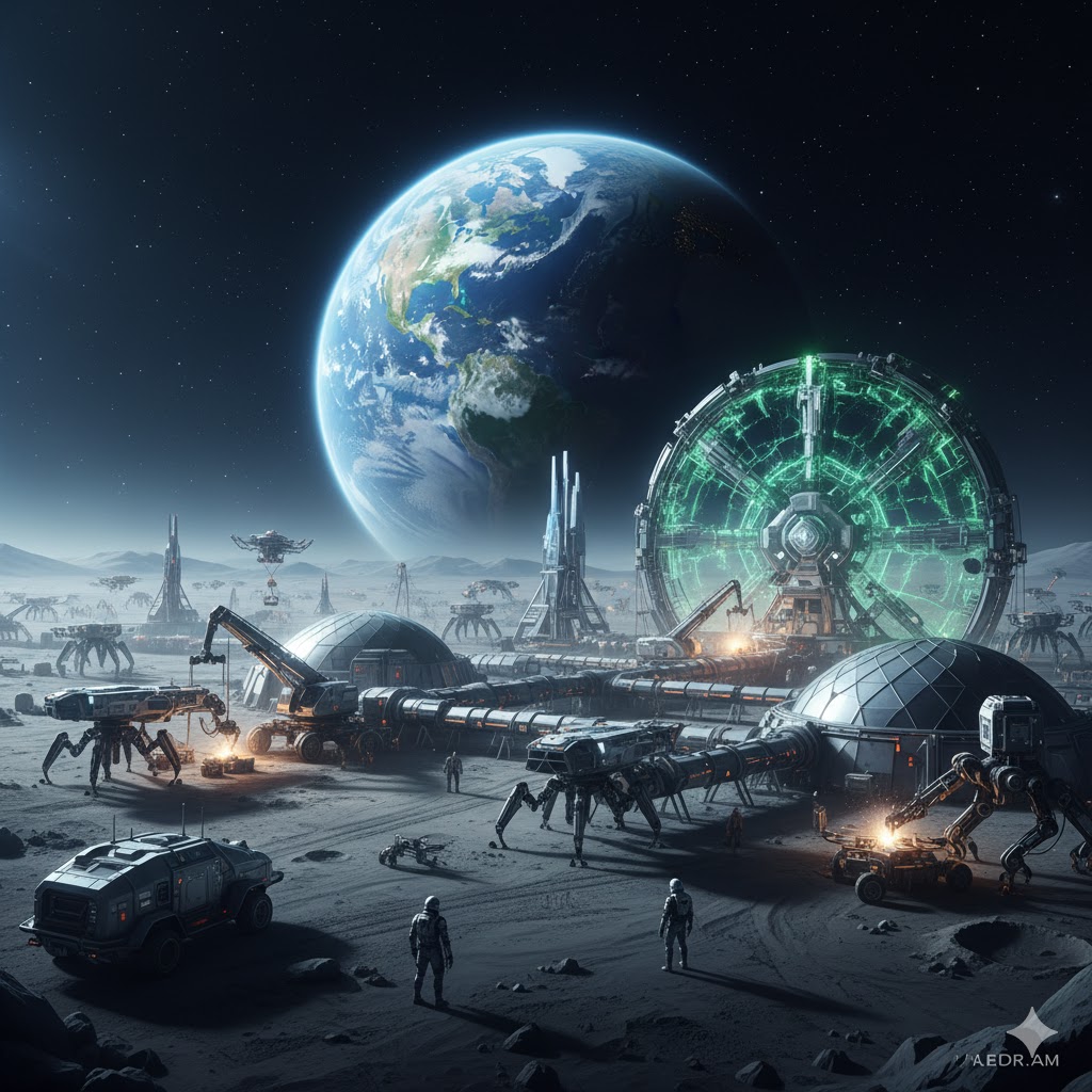 Robotic construction units building a futuristic moon base under Earthlight