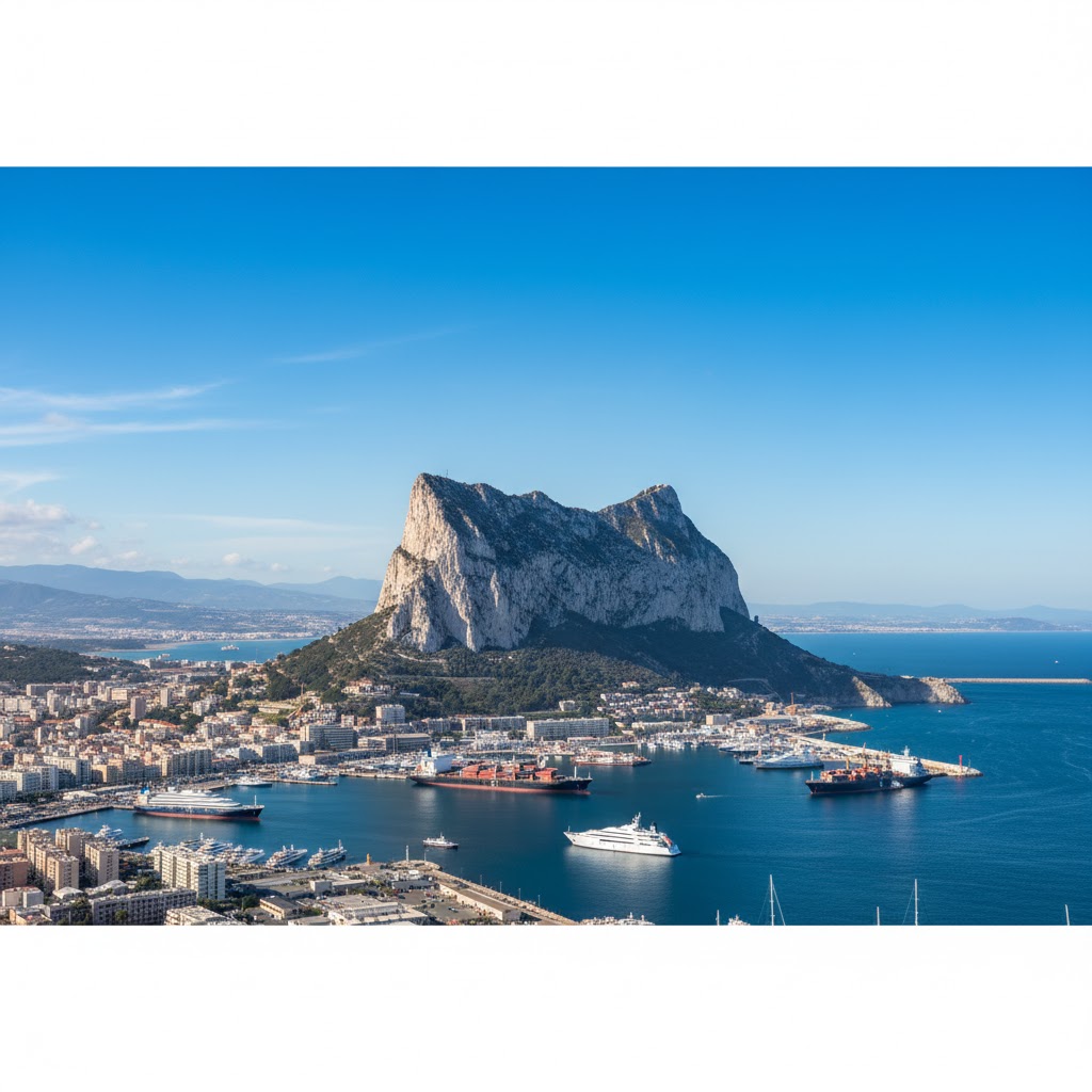 Rock of Gibraltar rising above harbor under clear blue sky